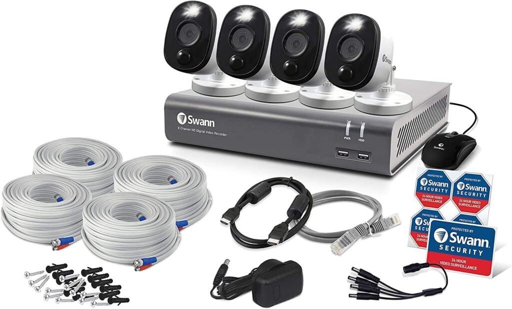 Swann Home DVR Security Camera System with 1TB HDD, 8 Channel 4 Camera, 1080p Full HD Video, Indoor or Outdoor Wired Surveillance CCTV, Color Night Vision, Heat Motion Detection, LED Lights, 845804